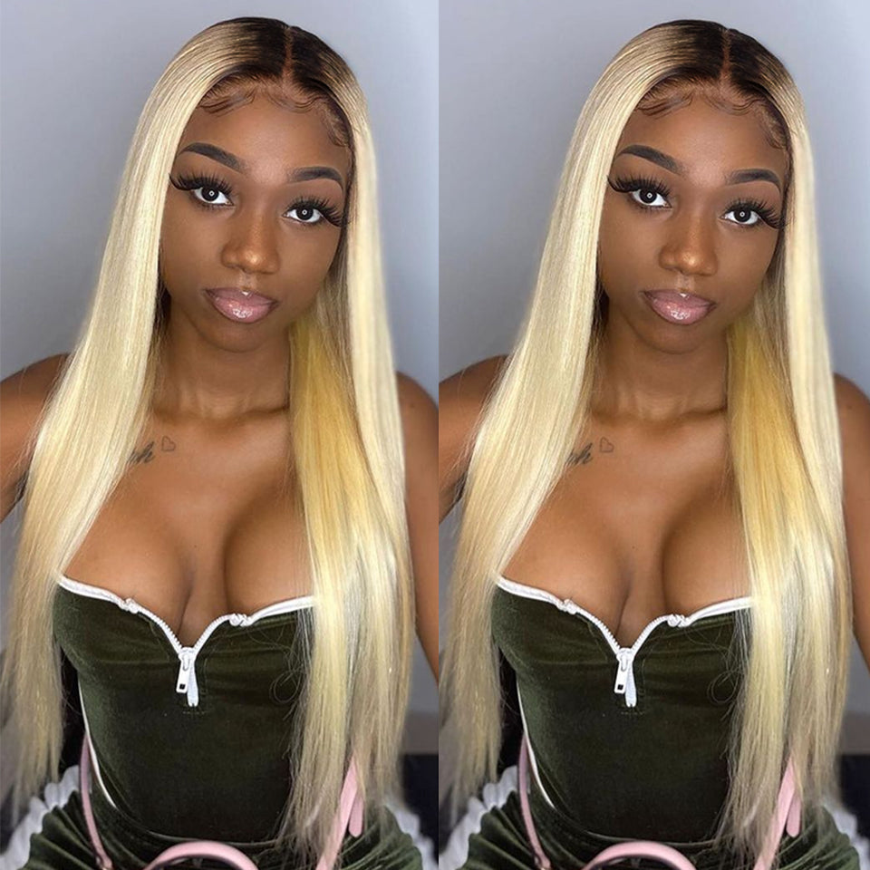 Straight Human Hair Wig 1b/613 Ombre Blonde 13x4 Lace Frontal Wig
